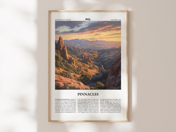 Pinnacles California Poster National Park Spires Sunset Guide Art