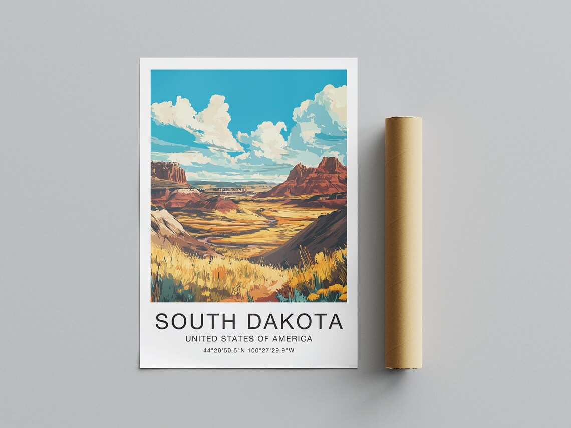 South Dakota USA Travel Poster Golden Prairie Red Buttes Road Art - Image 2