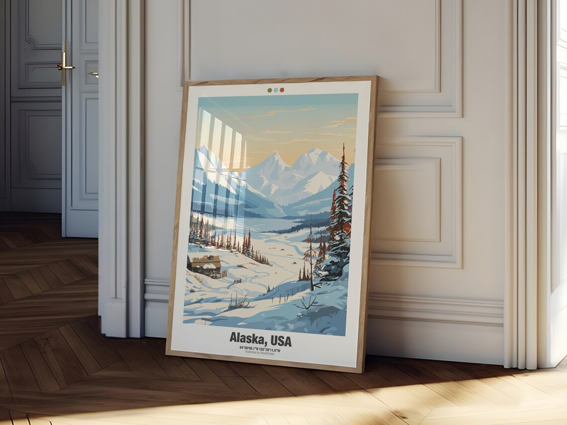 Alaska USA Winter Snowy Valley Cabin Spruce Mountains Travel Poster - Image 2