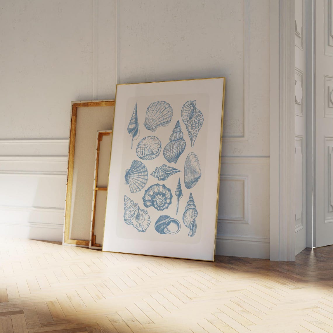 Vintage Blue Seashell Sketch Line Art Coastal Beach Wall Decor Poster - Image 2