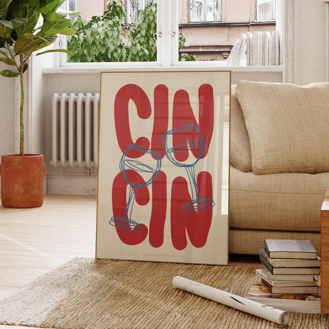 Giant Red Cin Cin Bubble Lettering Blue Wine Glasses Toast Bar Poster - Image 4
