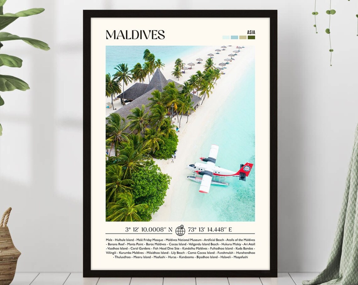 Maldives Tropical Island Seaplane Beach Aerial Travel Poster