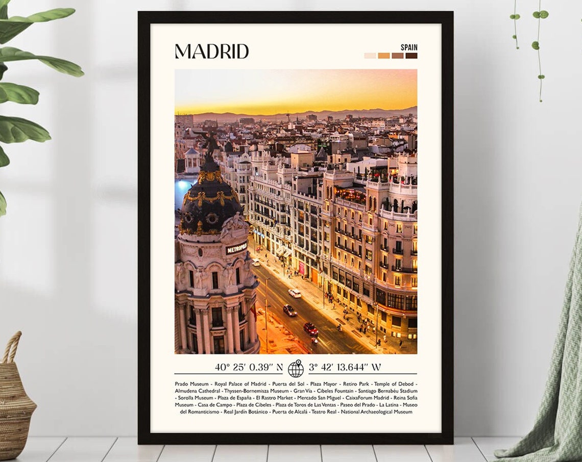 Madrid Spain Sunset Skyline Travel Poster With Attractions List