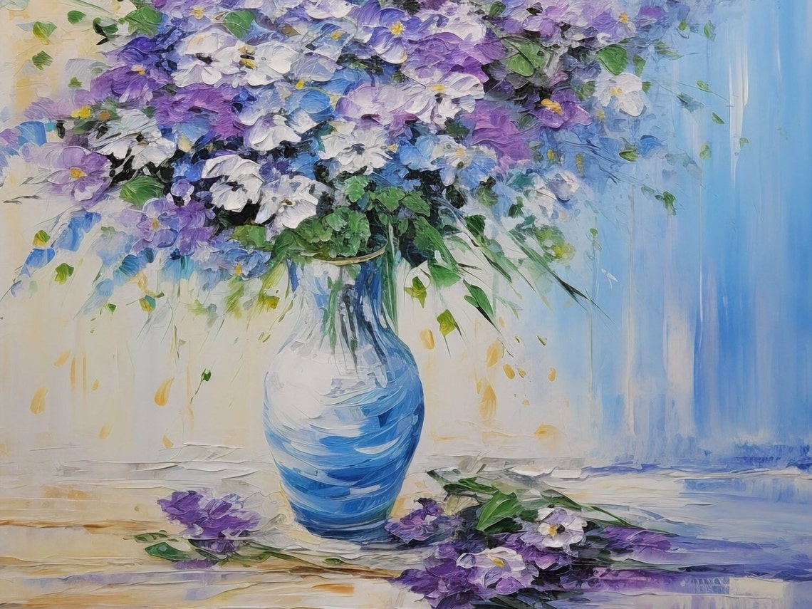 Violet Blossom Bouquet Blue Vase Impressionist Floral Poster - Image 3