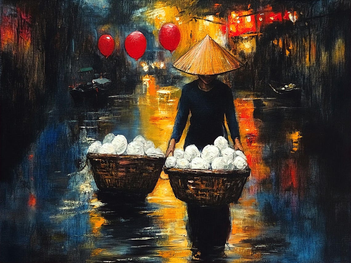 Vietnamese Street Vendor Oil Painting Print Hanoi Night Scene With Neon Lights Red Balloons Traditional Asian Urban Wall Art Decor - Image 3