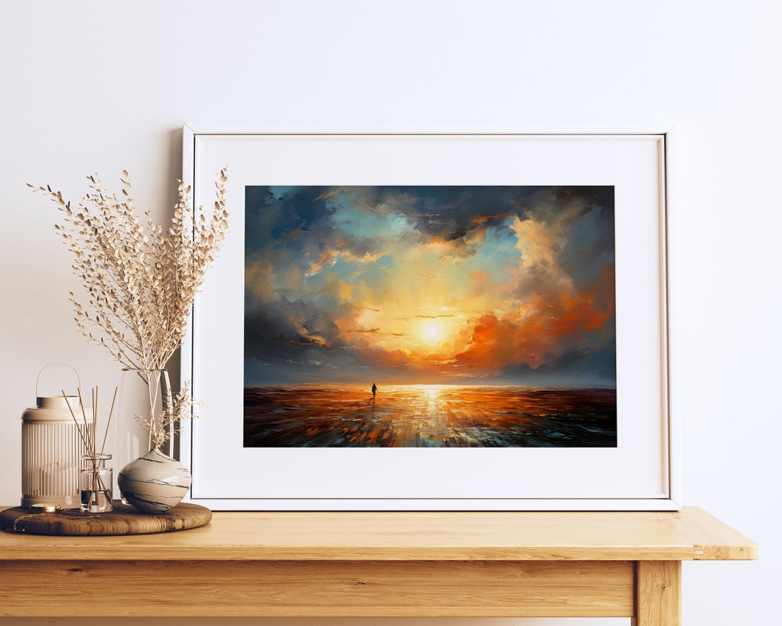 Sunset Over Water Dramatic Orange Clouds Lone Walker Seascape Poster
