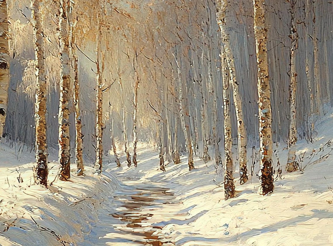 Birch Forest Winter Stream Path Ethereal Snow Light Art Poster - Image 3