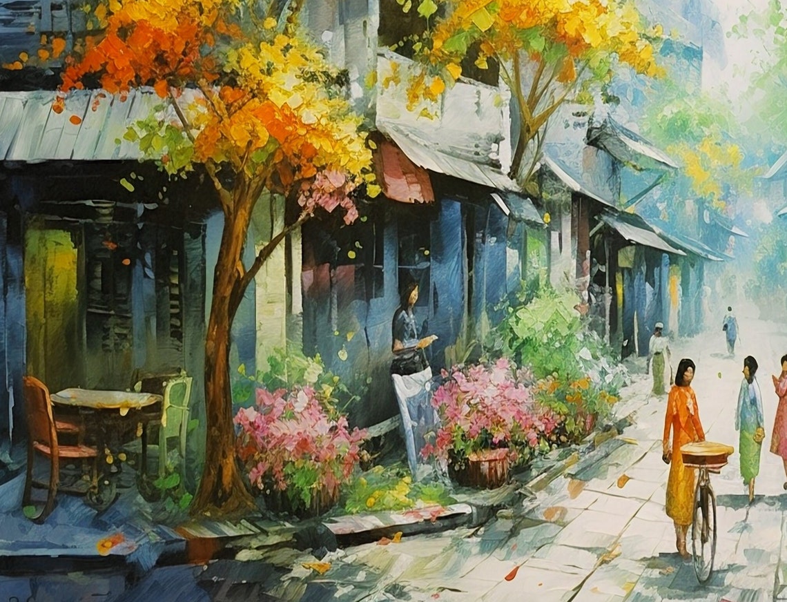 Hanoi Old Quarter Autumn Street Watercolor Vietnamese City Poster - Image 2