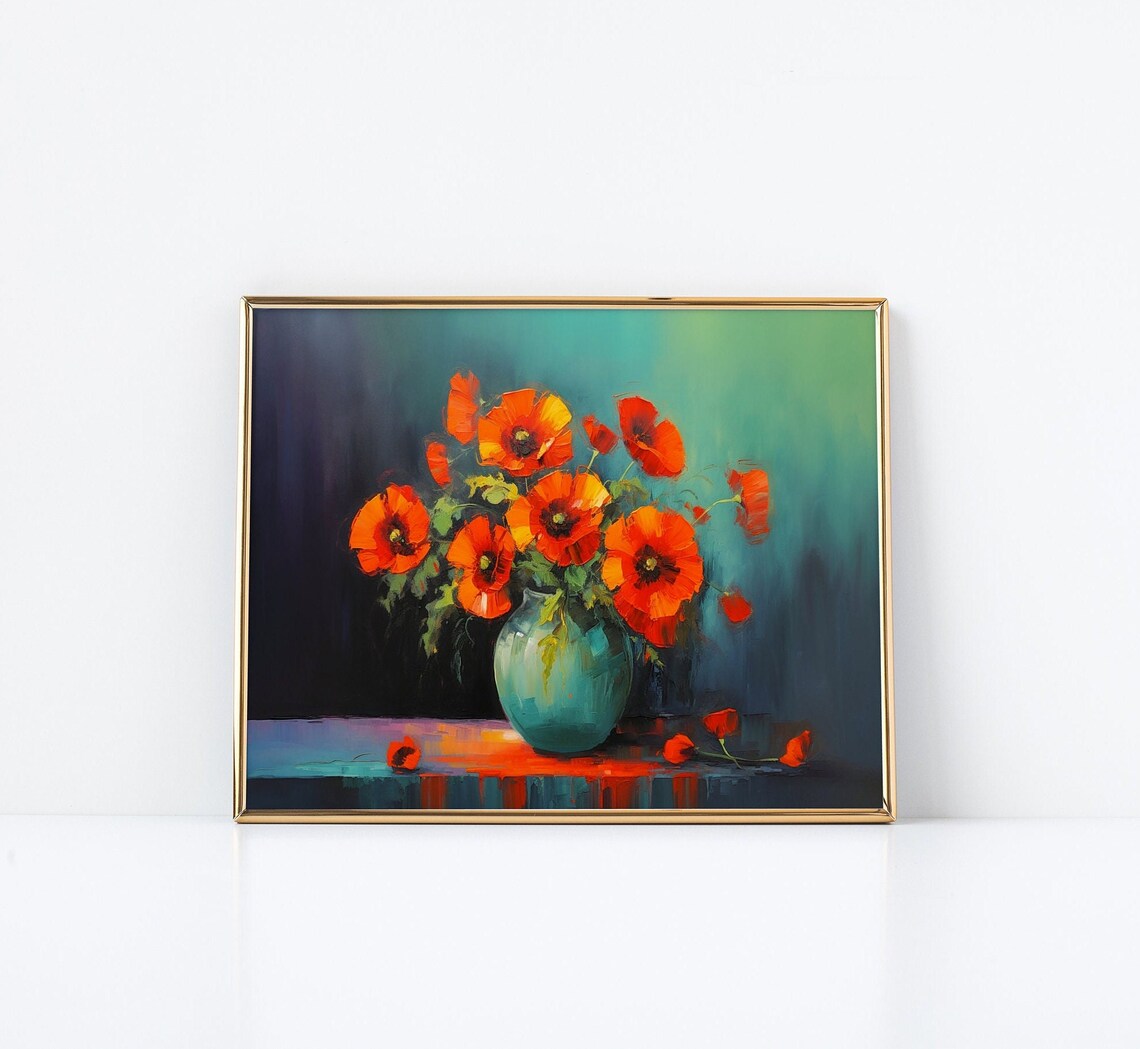 Red Poppy Bouquet In Blue Vase Moody Still Life Oil Painting Poster - Image 2