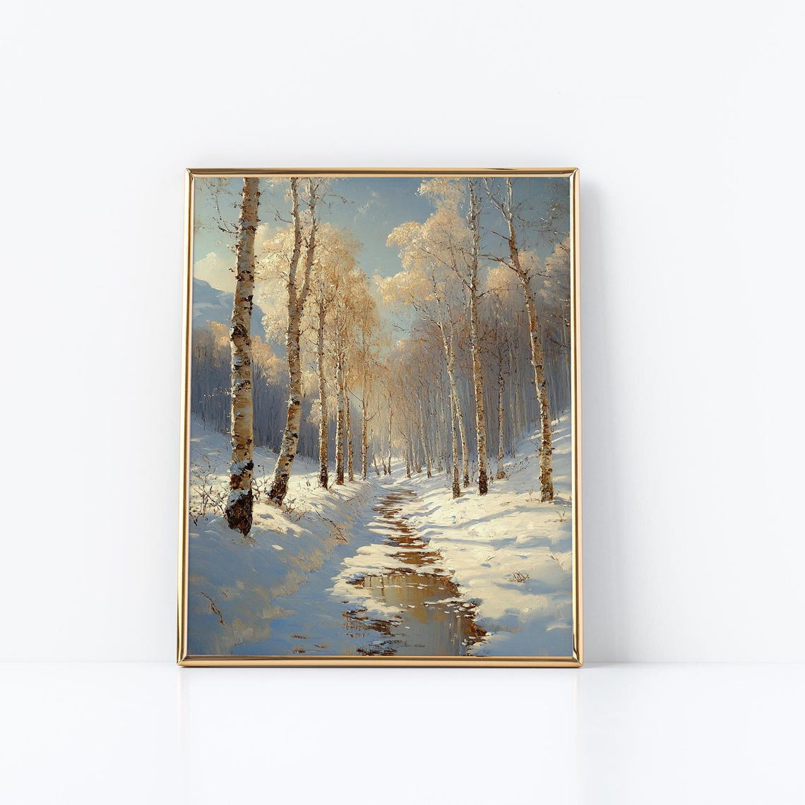 Birch Forest Winter Stream Path Ethereal Snow Light Art Poster