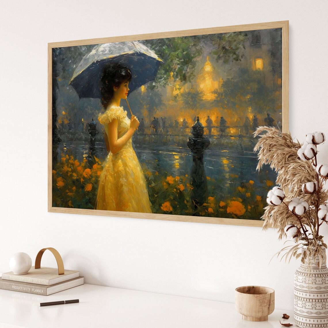 Rainy Evening Canal Painting Woman in Yellow Dress Umbrella Poster - Image 3