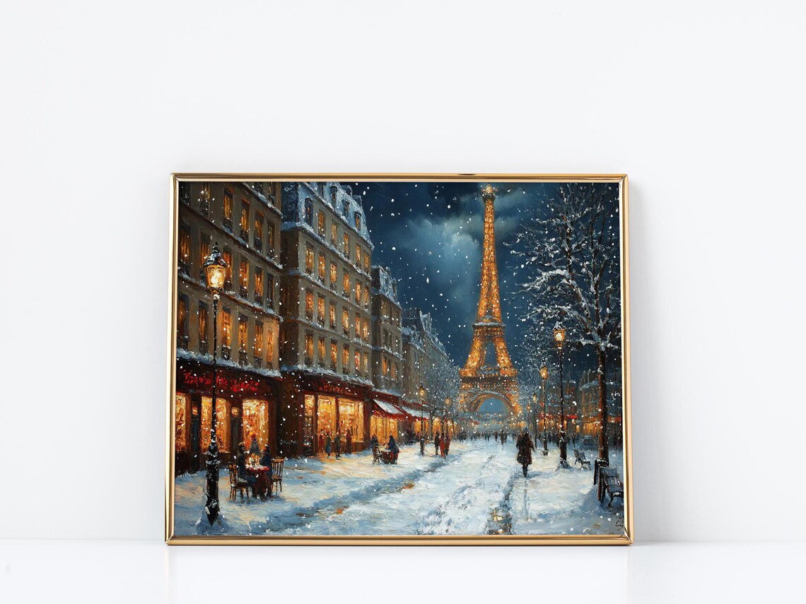 Oil Painting Of Christmas Paris Street Snowy Eiffel Tower Scene Romantic Winter Cafe Traditional French Art Wall Art