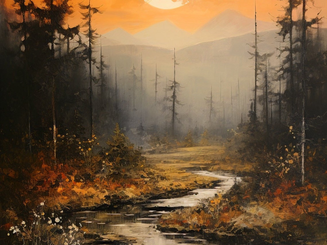 Sunset Pine Forest Misty Stream Reflection Moody Landscape Poster - Image 3
