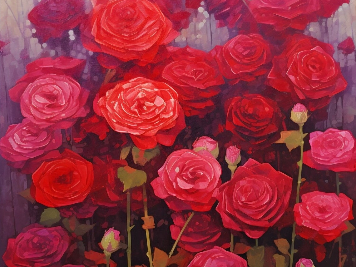 Crimson Red Rose Garden Bloom Dense Impressionist Floral Poster - Image 3