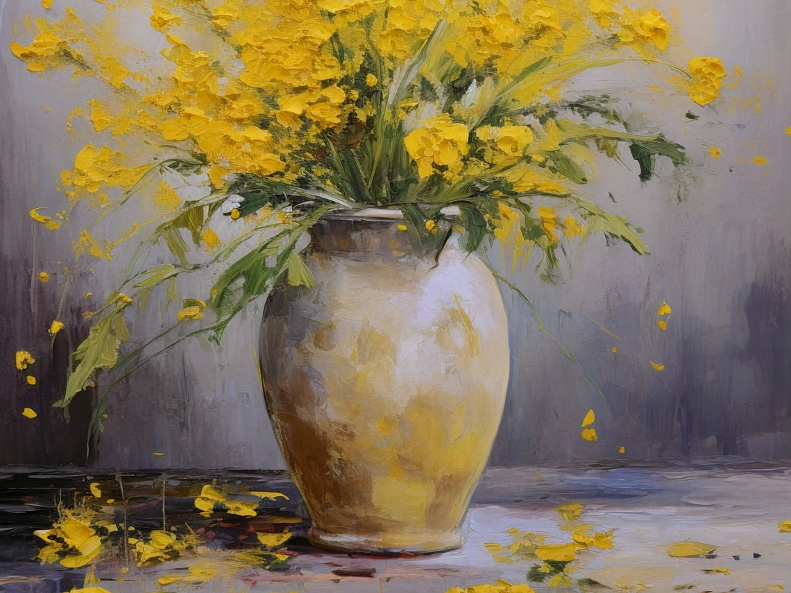 Yellow Wildflowers Painting Clay Vase Rustic Still Life Poster - Image 3