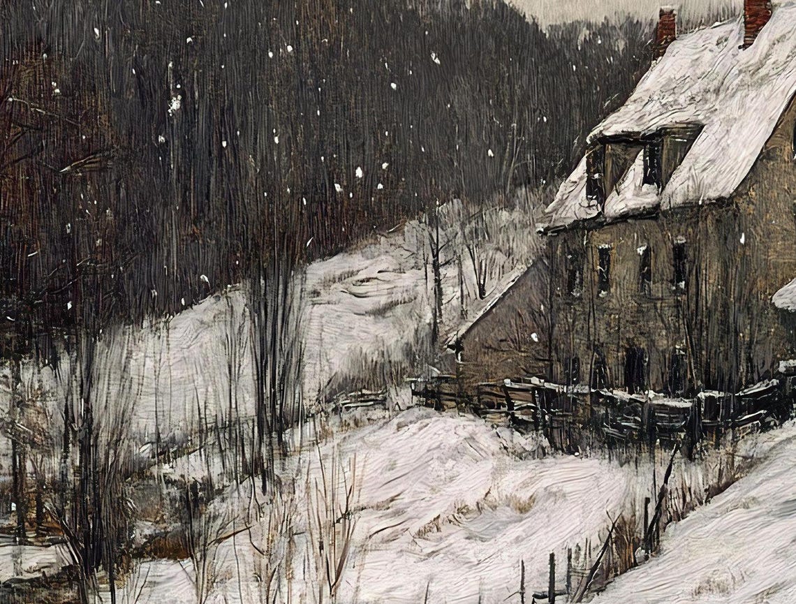 Rustic Winter Farmhouse Snowy Woods Smoke Chimney Oil Poster - Image 3