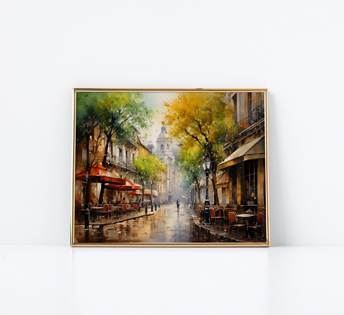 European Street Cafe Watercolor Rainy Day Umbrellas Scene Poster - Image 2