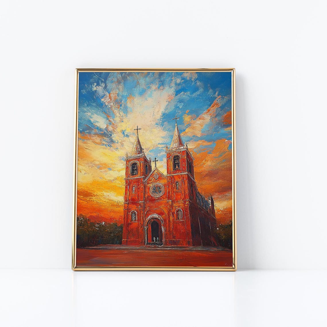 Fiery Red Brick Gothic Church Sunset Hanoi Cathedral Oil Poster - Image 3