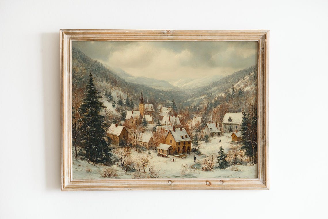 Mountain Village Winter Valley Snow Church Nostalgic Art Poster - Image 2