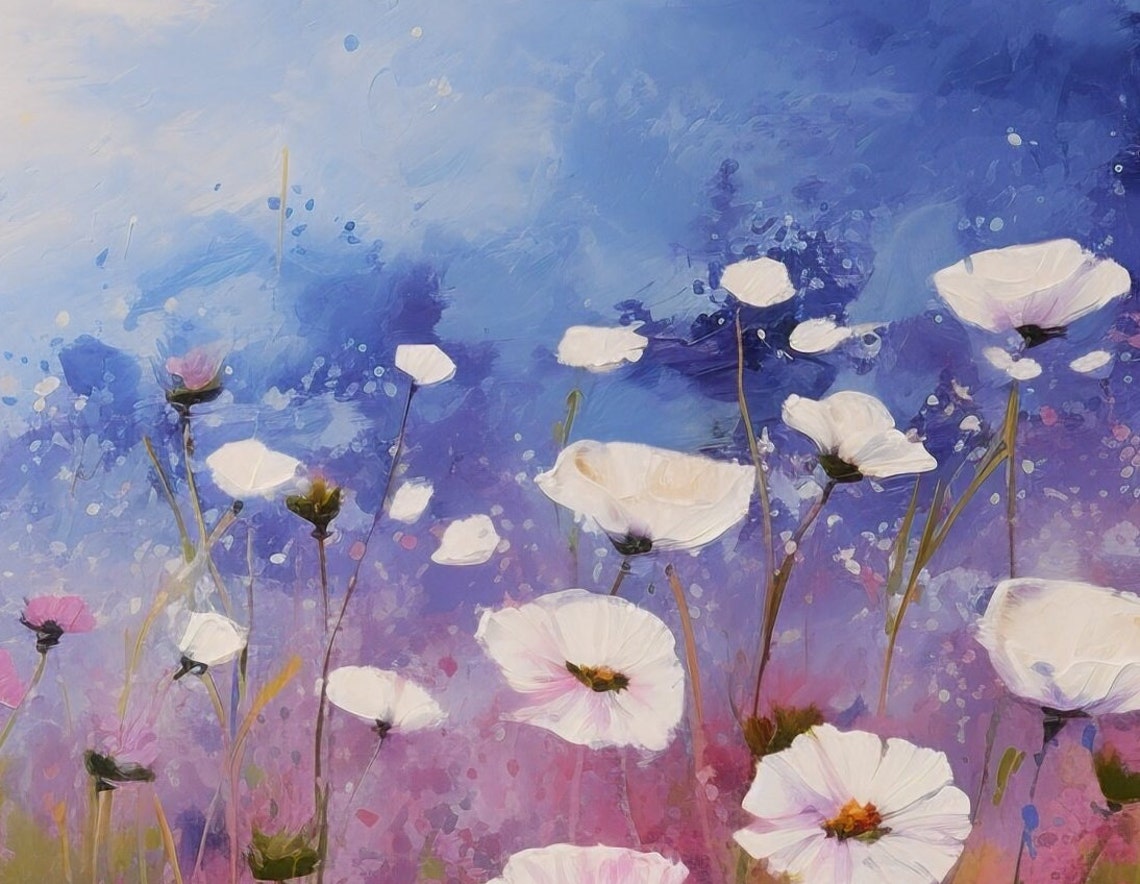 White Cosmos Flowers Blue Indigo Sky Impressionist Floral Poster - Image 3
