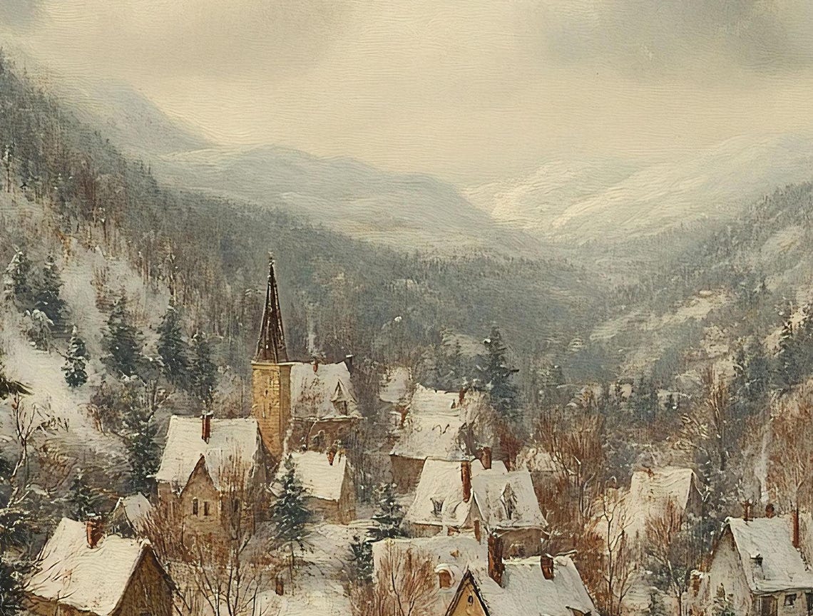 Mountain Village Winter Valley Snow Church Nostalgic Art Poster - Image 3