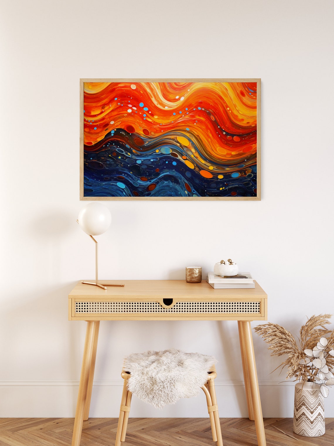 Abstract Night Waves Painting Fiery Orange Deep Blue Swirls Poster - Image 2