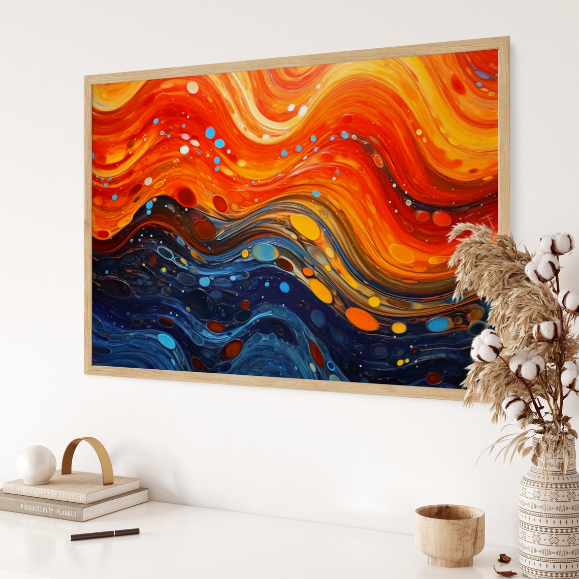Abstract Night Waves Painting Fiery Orange Deep Blue Swirls Poster - Image 3
