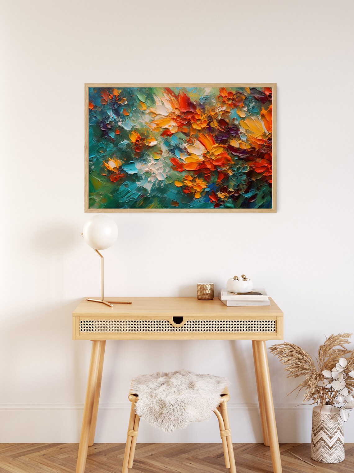 Abstract Painting With Red Green And Blue Flowers, Impasto - Image 2