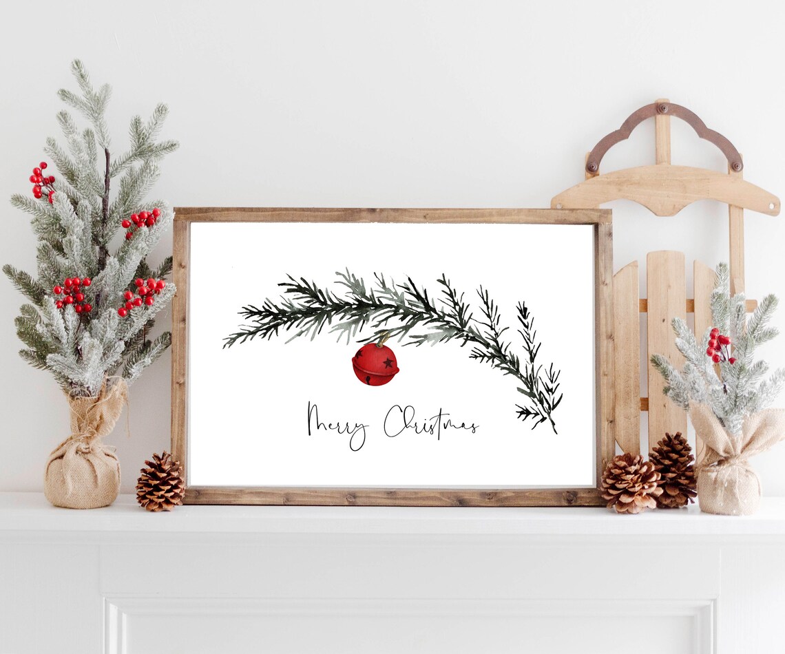 Merry Christmas Evergreen Branch Red Jingle Bell Watercolor Poster