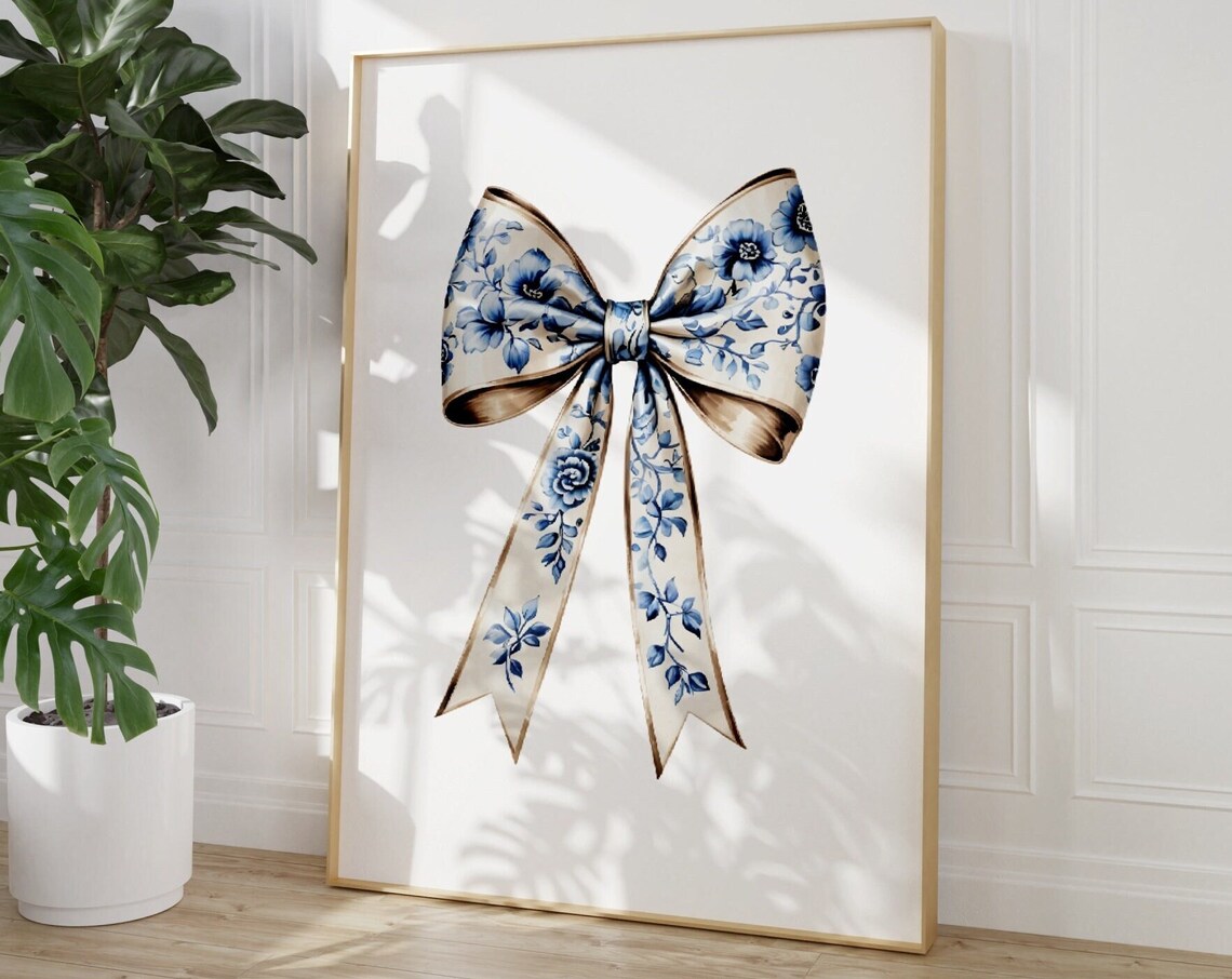 Blue Floral Bow Watercolor Poster Chinoiserie Ribbon Nursery Decor - Image 3