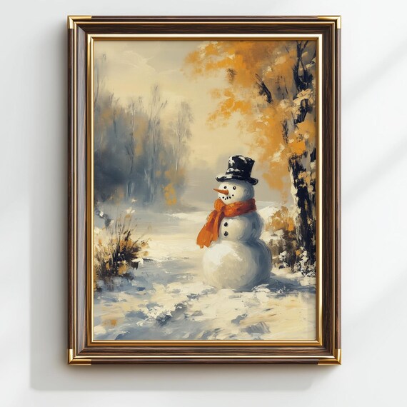 Vintage Snowman Oil Painting Top Hat Orange Scarf Winter Scene Poster