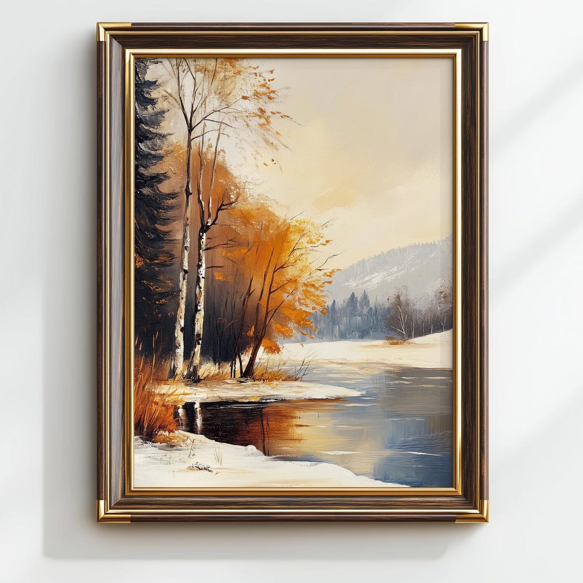 Winter River Landscape Birch Trees Snowy Banks Rustic Art Poster