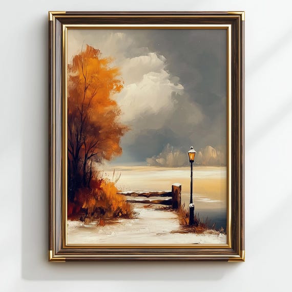 Winter Landscape Oil Painting Snowy Path Orange Tree