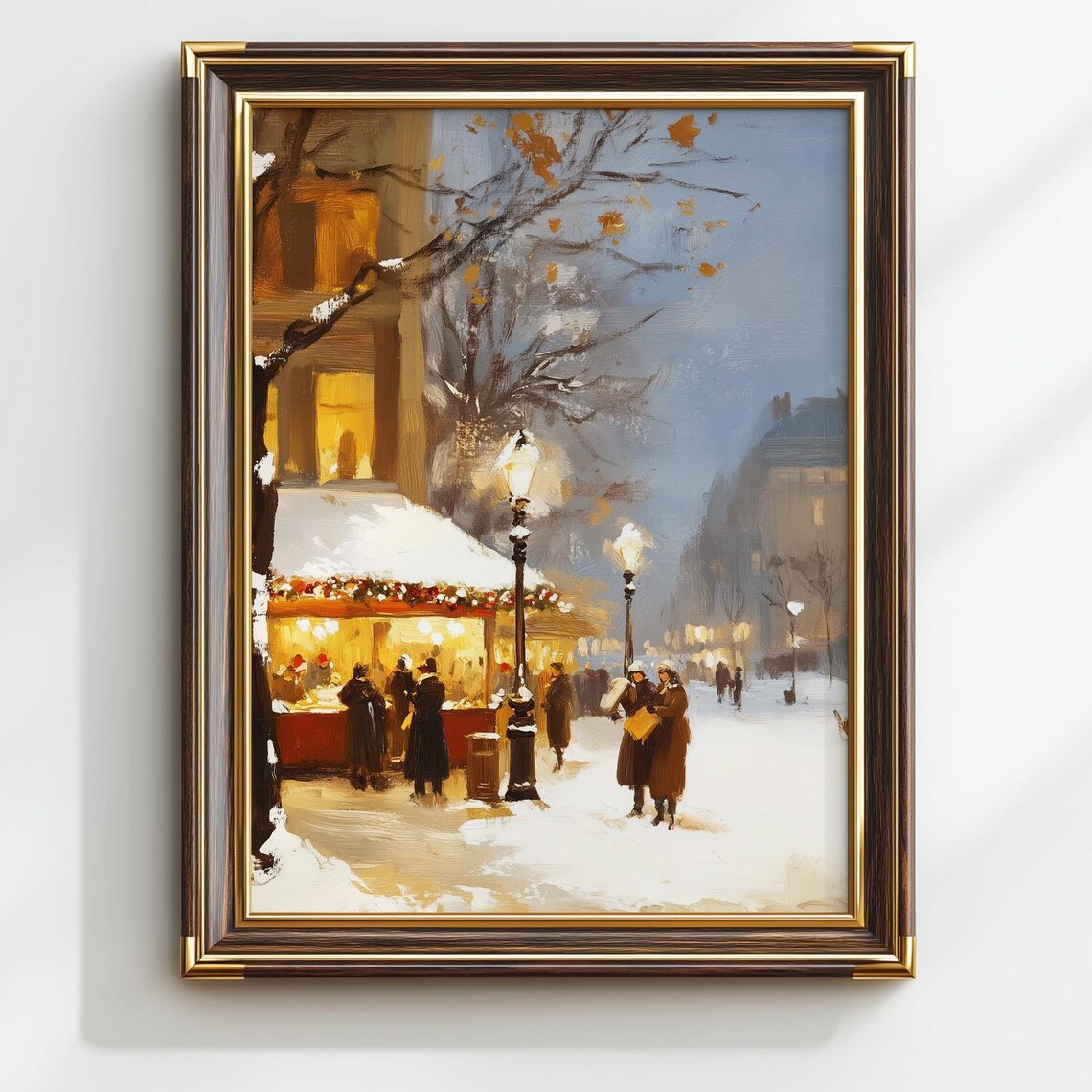 Vintage Christmas Market Evening Snow Lanterns Old City Oil Poster