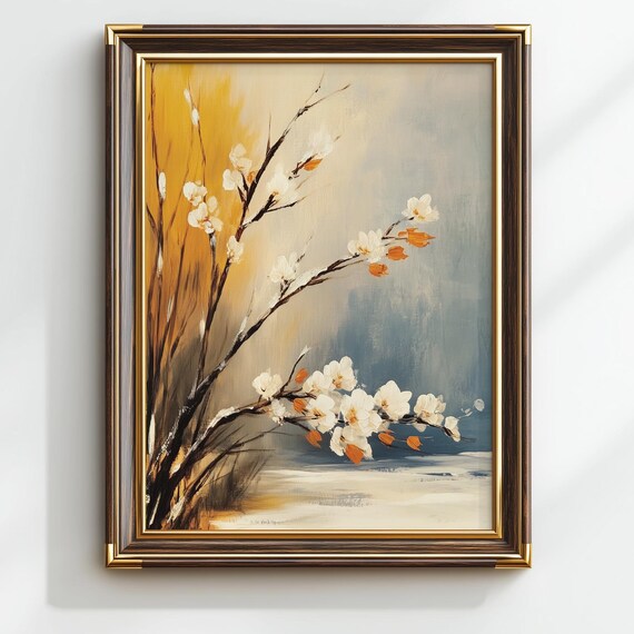 Frosted Tree Branches Art Wintery Oil Painting Serene Vintage Decor Moody Neutral Wall Nature Print 2