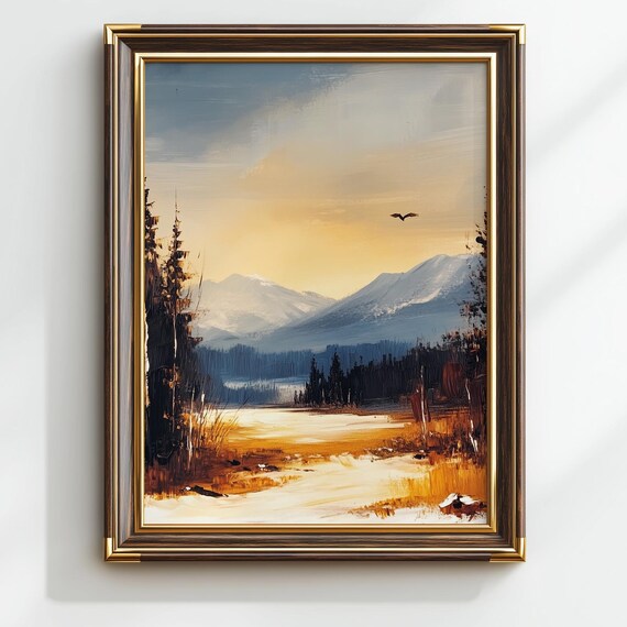 Rustic Winter Landscape Painting Snowcovered Pines Cozy Wall Art Serene Pastel Sky Moody Mountain Decor 26