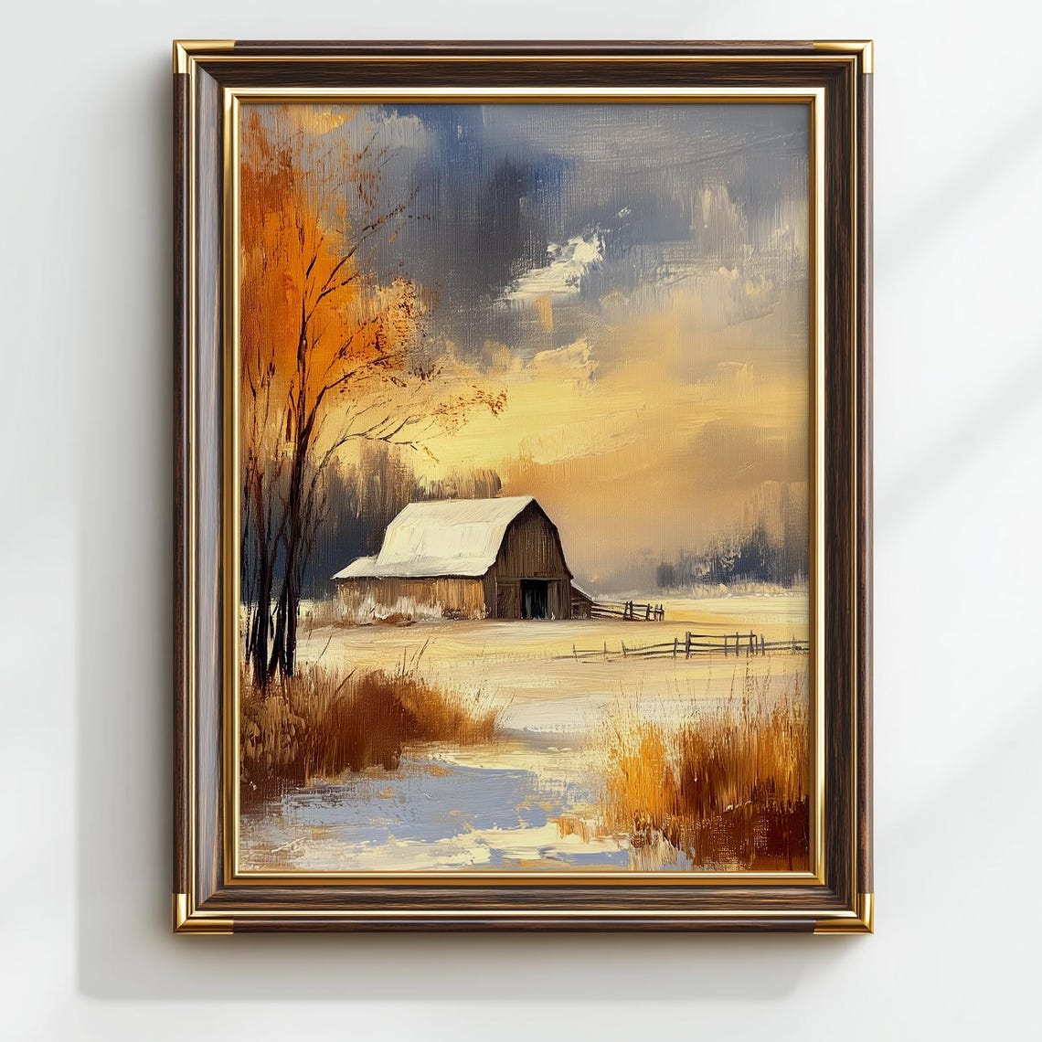 Rustic Barn Snowy Field Sunset Farmhouse Warm Winter Scene Poster