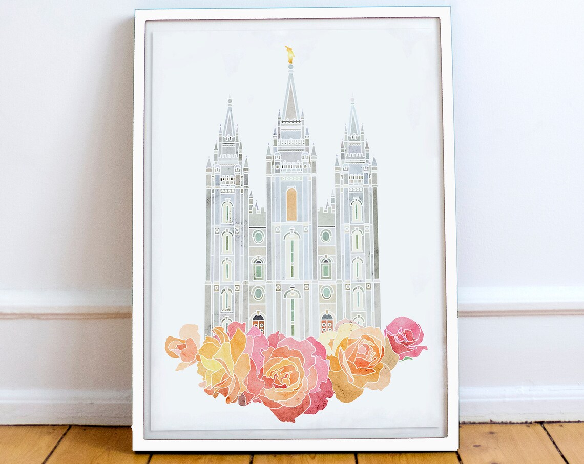 Salt Lake Temple Watercolor Pink Roses LDS Temple Floral Poster