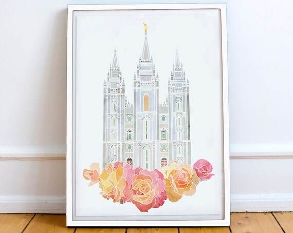 Salt Lake Temple Watercolor Pink Roses LDS Temple Floral Poster