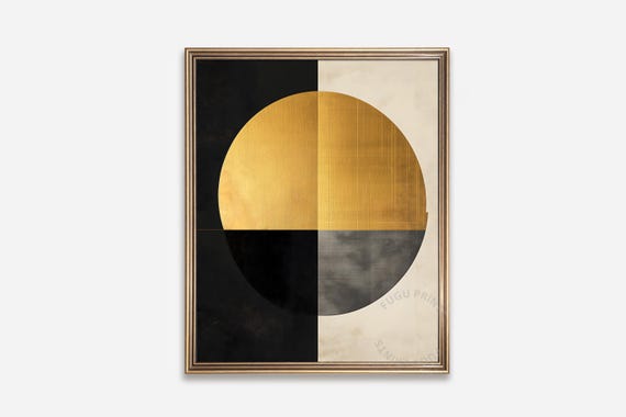 Gold Circle Abstract Art Black Cream Geometric Print Wall Art 260