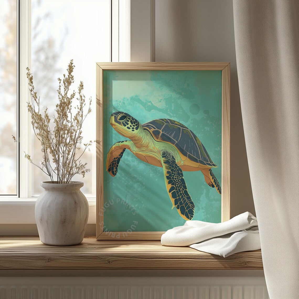 Sea Turtle Swimming Turquoise Ocean Watercolor Coastal Wall Art - Image 4