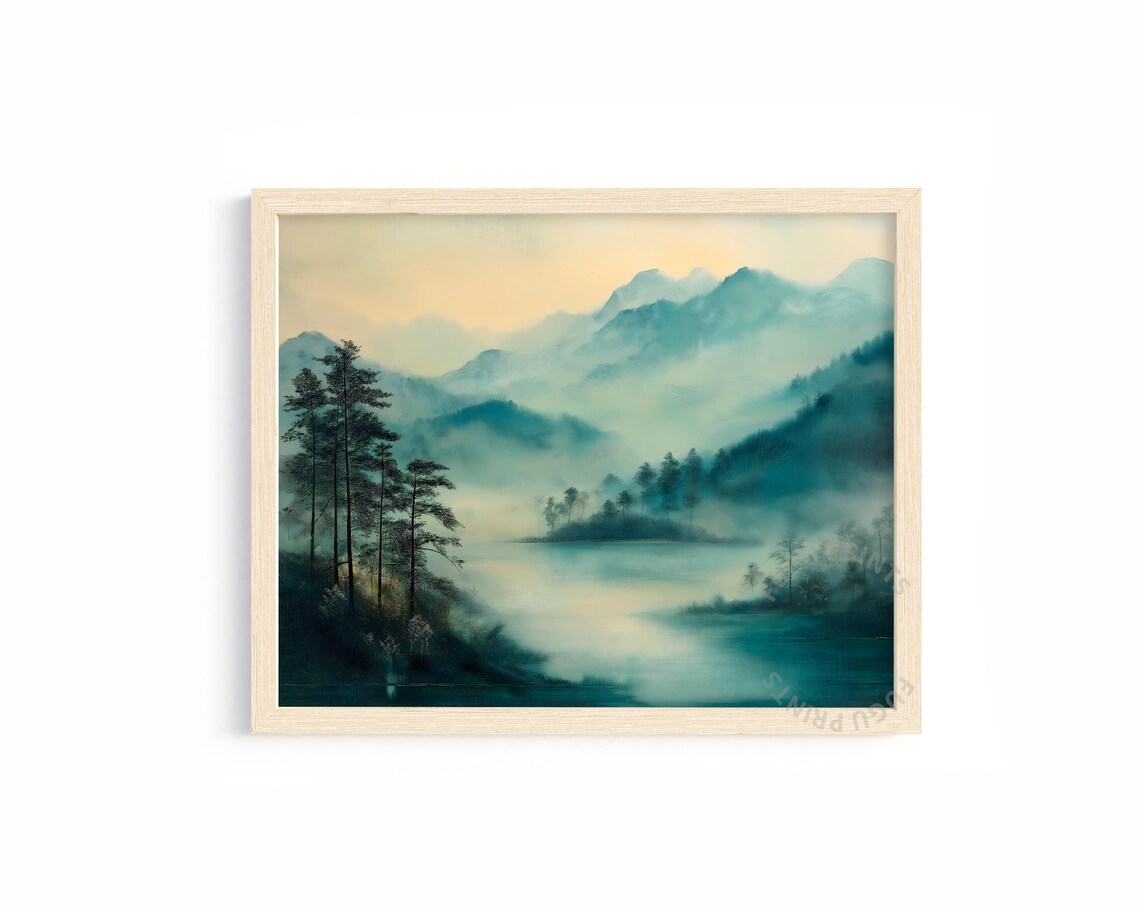 Misty Mountain Lake, Impressionist Landscape Art Print