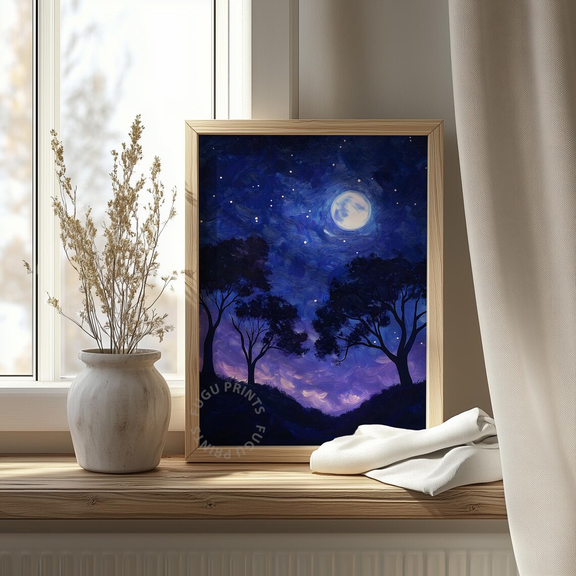 Moonlit Night Art Starry Sky Wall Art Impressionist Landscape Blue Purple Celestial Home Decor 269 - Image 4