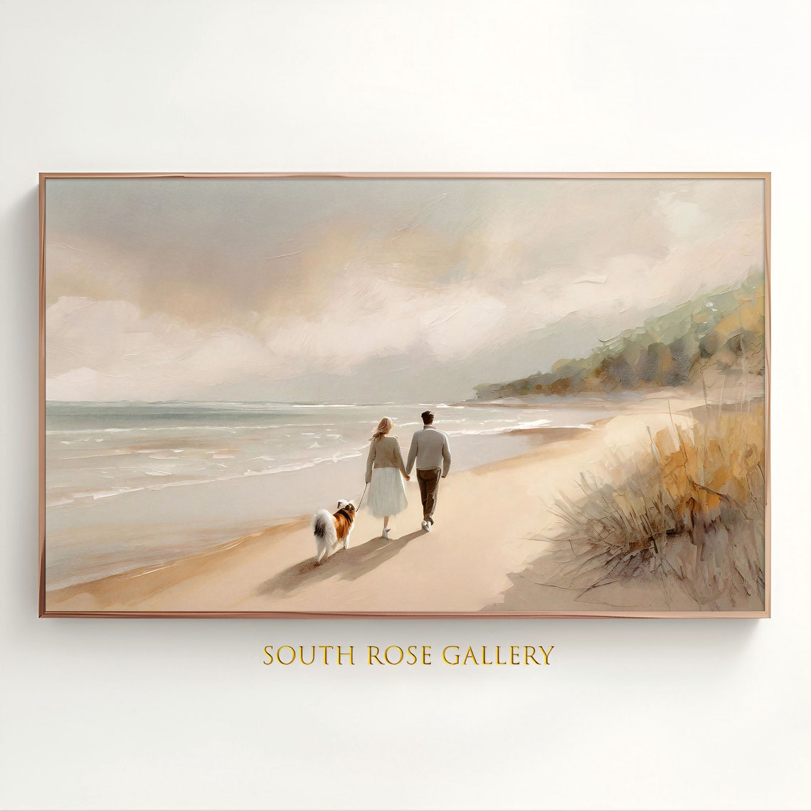 Couple Walking Dog On Sandy Beach Soft Neutral Coastal Art Poster