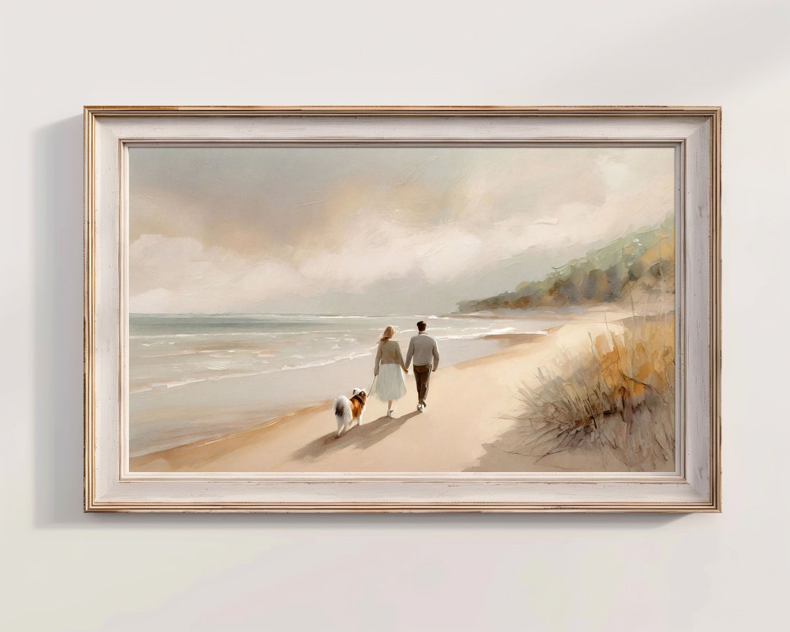 Couple Walking Dog On Sandy Beach Soft Neutral Coastal Art Poster - Image 2