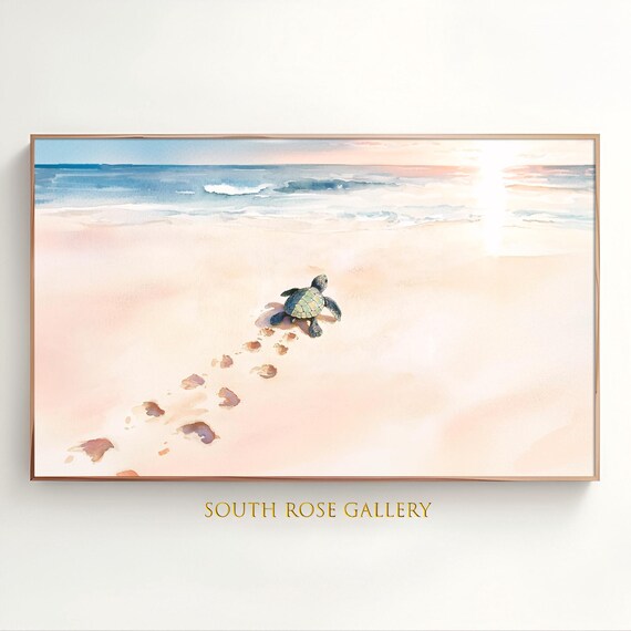 Baby Sea Turtle On Sandy Beach Watercolor Coastal Animal Art Poster