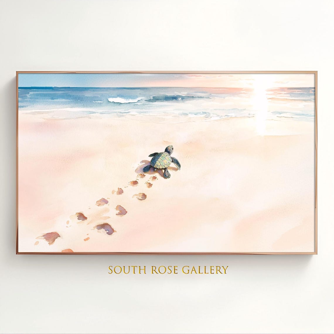 Baby Sea Turtle On Sandy Beach Watercolor Coastal Animal Art Poster