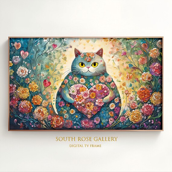 Whimsical Floral Cat Holding Flower Heart Colorful Garden Wall Art Print