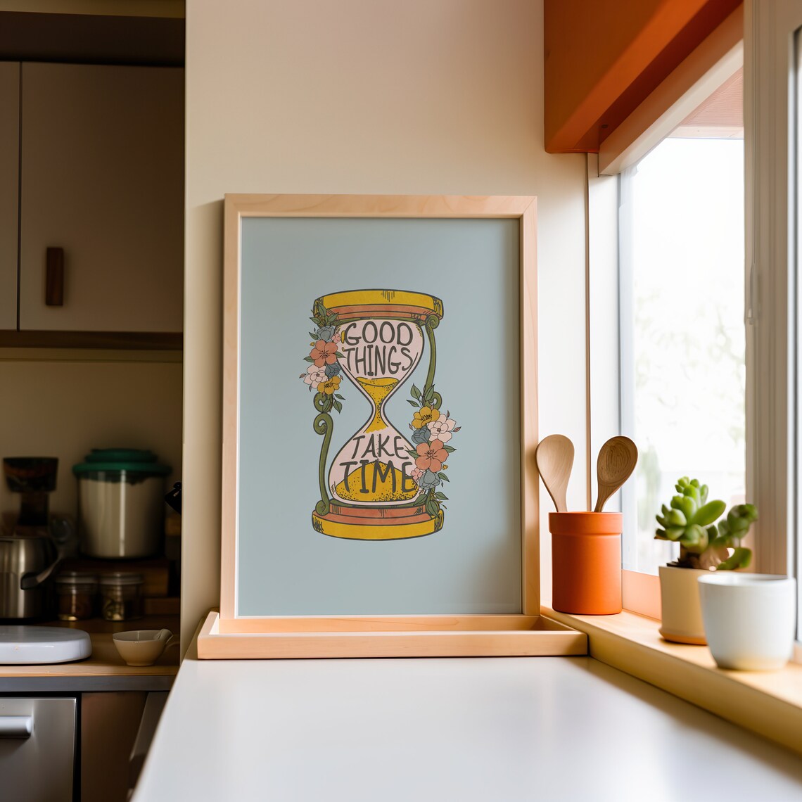 Good Things Take Time Vintage Hourglass Floral Retro Quote Poster - Image 2