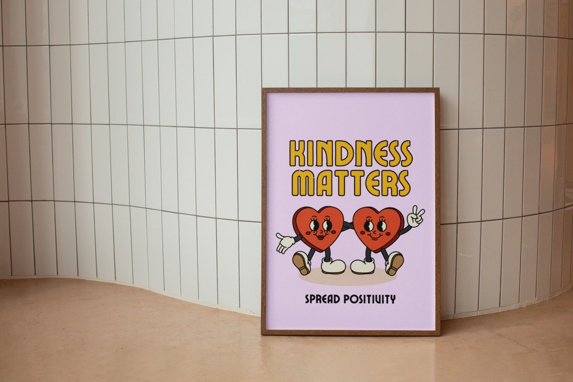 Kindness Matters Retro Cartoon Hearts Positivity Quote Poster - Image 4